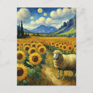 A Sheep in the Sunflower Field Faux Van Gogh Postcard