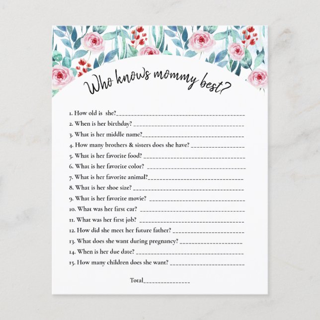 A sheet of paper with the game for a baby shower. (Front)