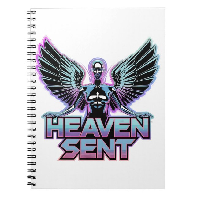 A shiny, metallic angel with wings, Y2K design Notebook (Front)