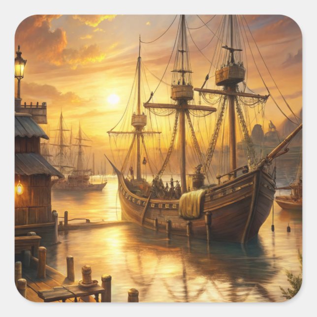 A Ship at the Docks Square Sticker (Front)
