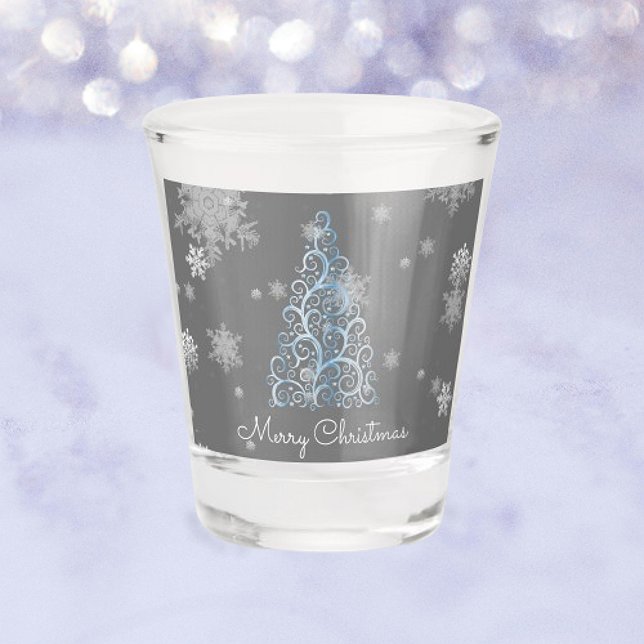 A Shot Arbre de Noël bleu et flocons de neige Verre à bal (Blue Christmas Tree and Snowflakes Shot Glass)
