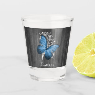 A Shot Papillon bleu rustique verre à tir personnalisé