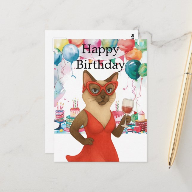 A siamese cat is drinking wine Happy Birthday  Postcard (Front/Back In Situ)