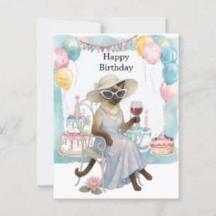 A siamese cat is drinking wine Happy Birthday Postcard