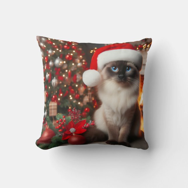 A Siamese cat with Santa hat  Throw Pillow (Front)