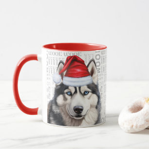 A Siberian Husky Dog on Woof Background Mug