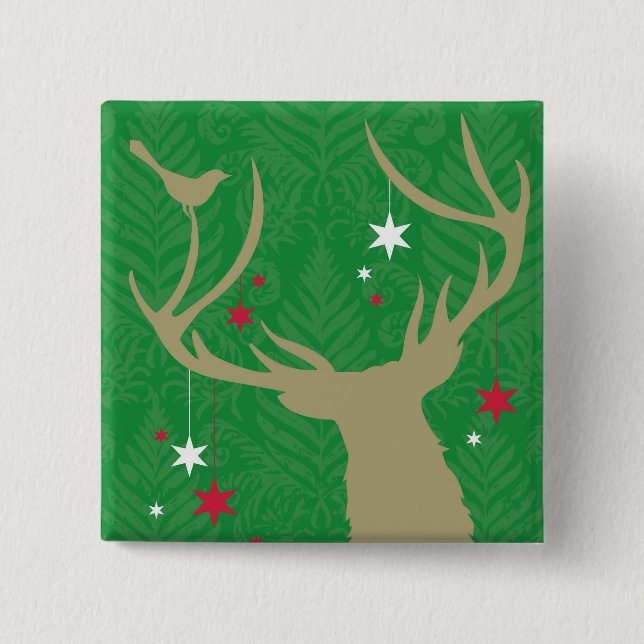 A silhouette of a deer with stars hanging from its 2 inch square button (Front)