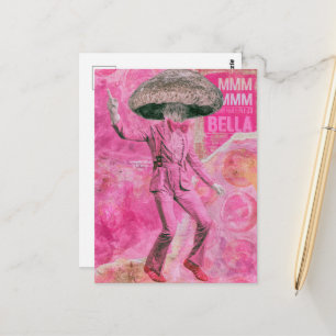 A silly pink retro dancing bella mushroom postcard