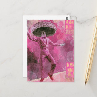 A silly pink retro dancing mushroom postcard