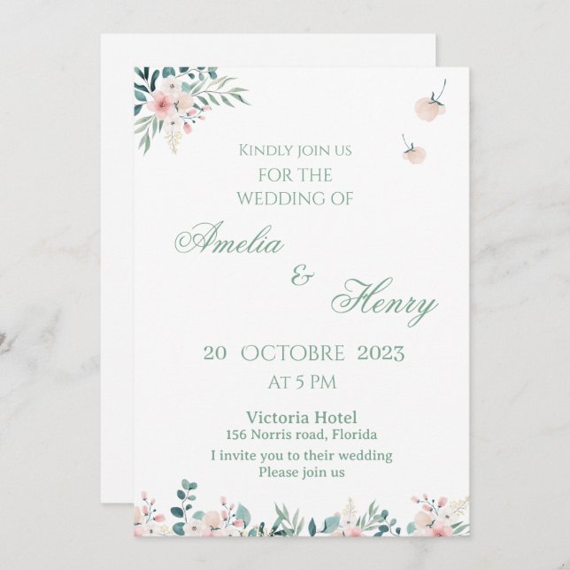 A simple watercolor wedding invitation card (Devant / Derrière)