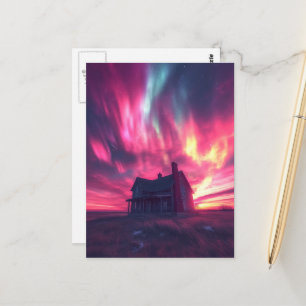 A single house with the pink northern sky postcard