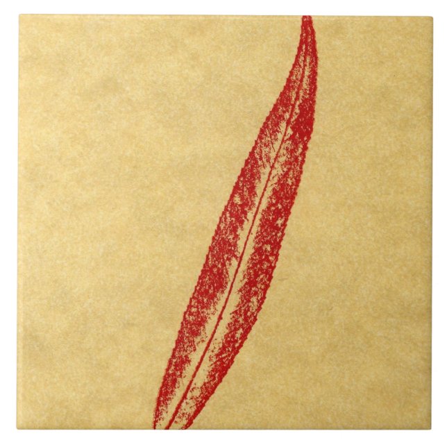 A single willow leaf printed in red on tan paper tile (Front)