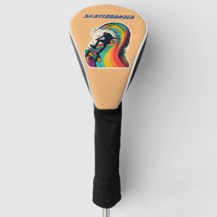 A skateboarder riding down a rainbow golf head cover