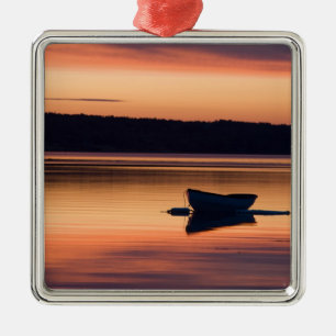 A skiff at sunrise in Eggemoggin Reach in Little Metal Ornament