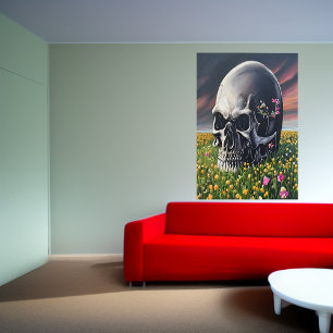 A skull on a field of flower AI Art Poster