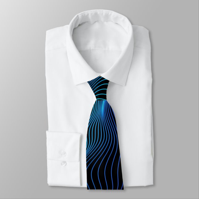 A sleek necktie features dynamic blue and teal (Tied)