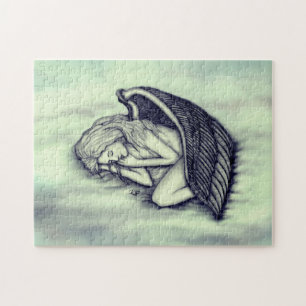 A sleeping Angel on the heavens clouds in green Jigsaw Puzzle