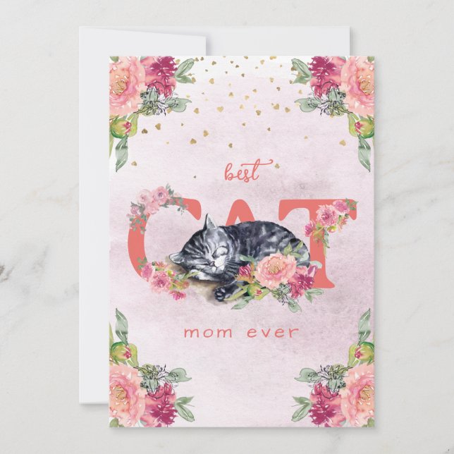 A sleepy cat in the middle of the flowers holiday card (Front)
