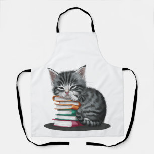 A sleepy kitten cuddled up with a stack of books. apron