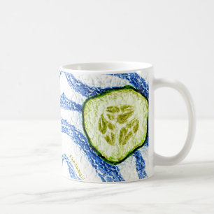 A Slice of Summer Green Cucumber on Blue and White Coffee Mug
