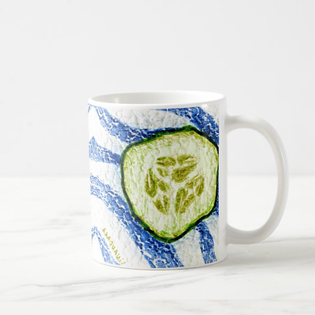A Slice of Summer Green Cucumber on Blue and White Coffee Mug (Right)