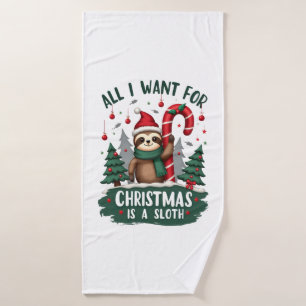 A Sloth For Christmas. Cute, Christmas Sloth With Bath Towel