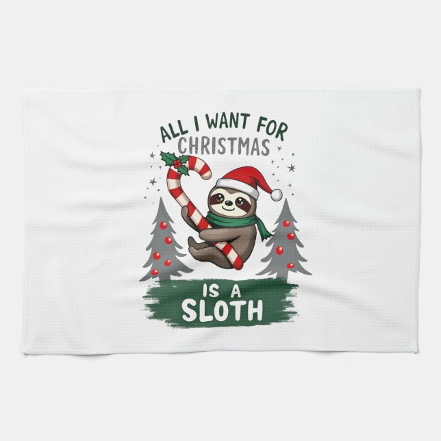 A Sloth For Christmas. Cute, Christmas Sloth With  Kitchen Towel (Horizontal)