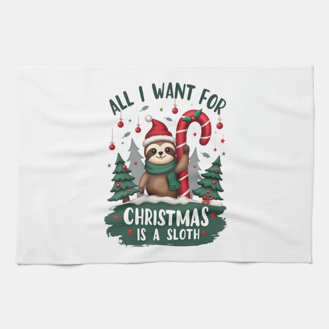 A Sloth For Christmas. Cute, Christmas Sloth With  Kitchen Towel (Horizontal)