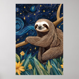 A Sloth in The Starry Night Poster