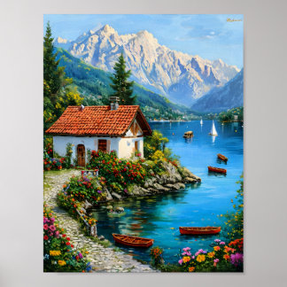 A small house on the background of a mountain lake poster