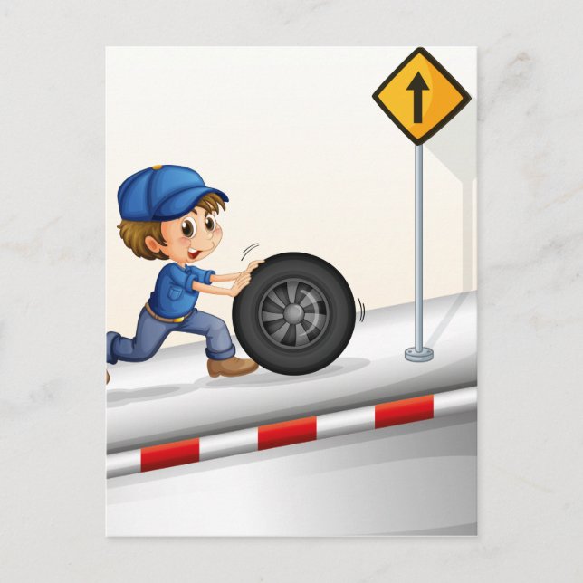 A smiling mechanic pushing the tire postcard (Front)