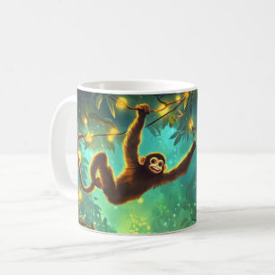 A smiling young monkey swinging through lush tropi coffee mug