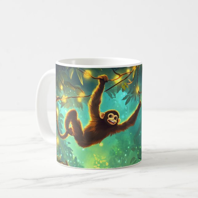 A smiling young monkey swinging through lush tropi coffee mug (Front Left)
