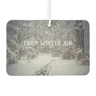 A snow-covered path through a winter forest air freshener