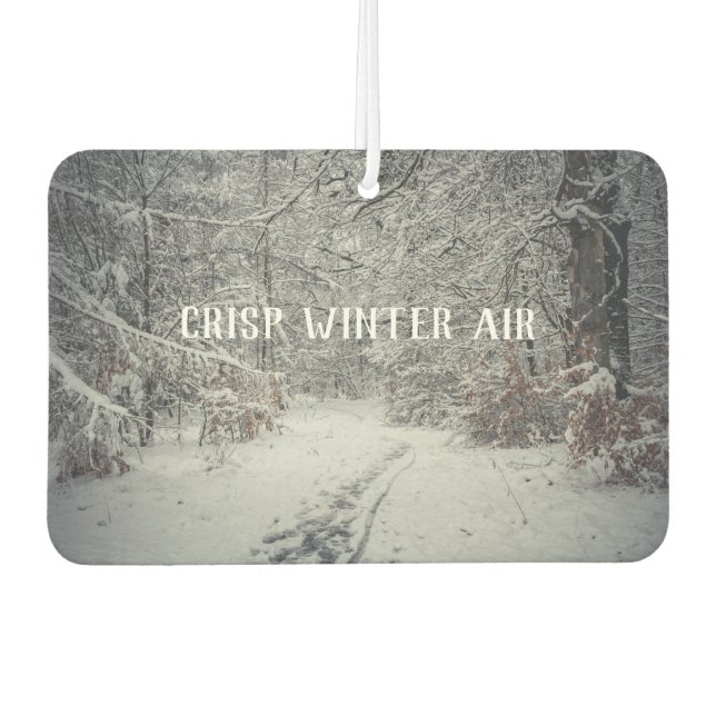 A snow-covered path through a winter forest air freshener (Front)