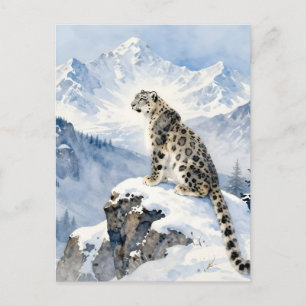 A Snow Leopard on a Snowy Mountain Peak Postcard