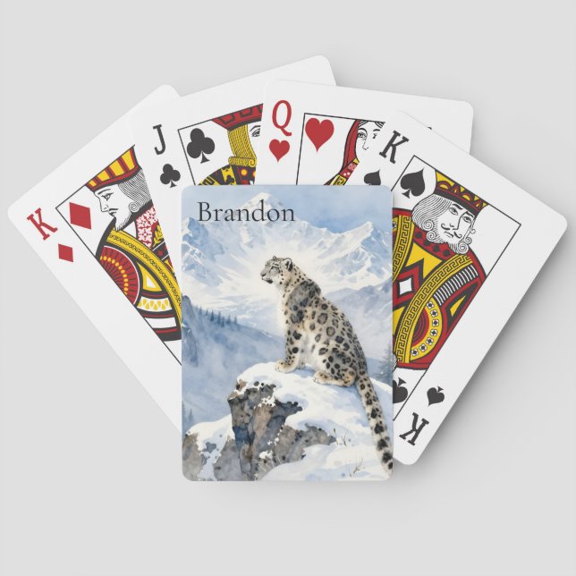 A Snow Leopard on Snowy Peak Personalized Playing Cards (Back)