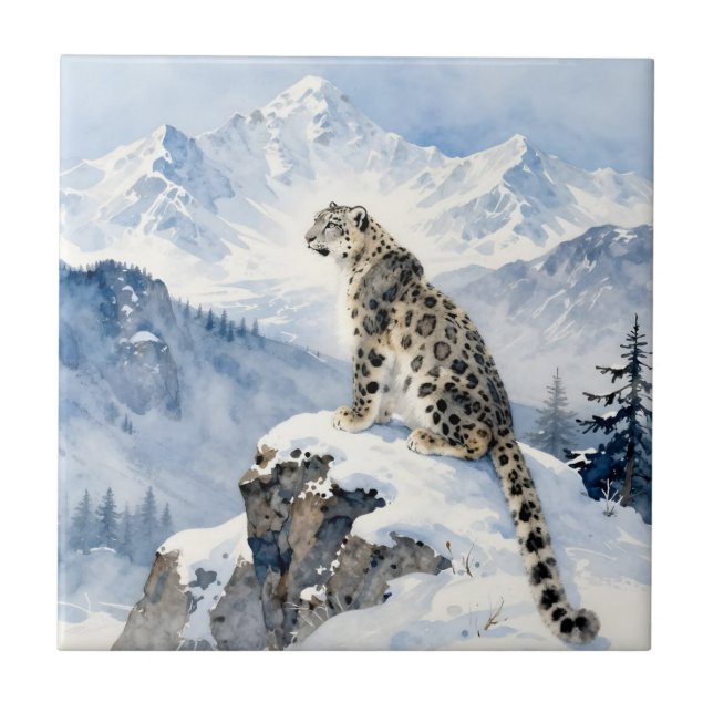 A Snow Leopard on Snowy Peak Personalized Tile (Front)