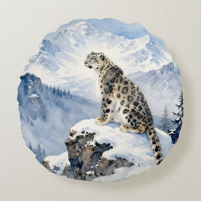 A Snow Leopard on Snowy Peak Round Pillow (Front)