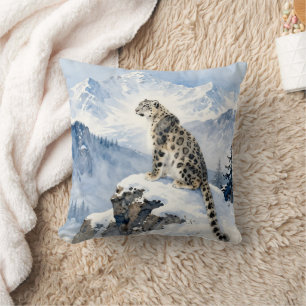 A Snow Leopard on Snowy Peak Throw Pillow