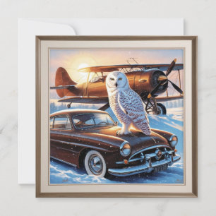 A snow owl, a plane and a vintage car invitation