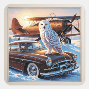 A snow owl, a plane and a vintage car square sticker