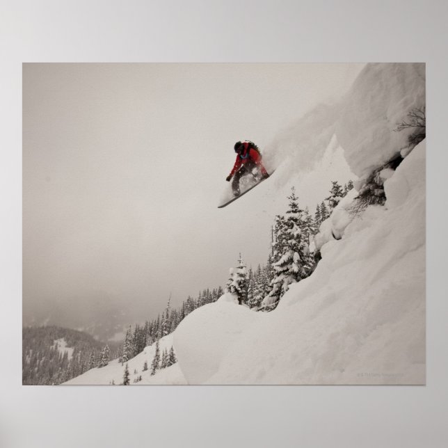 A snowboarder jumps off a cliff into powder in poster (Front)