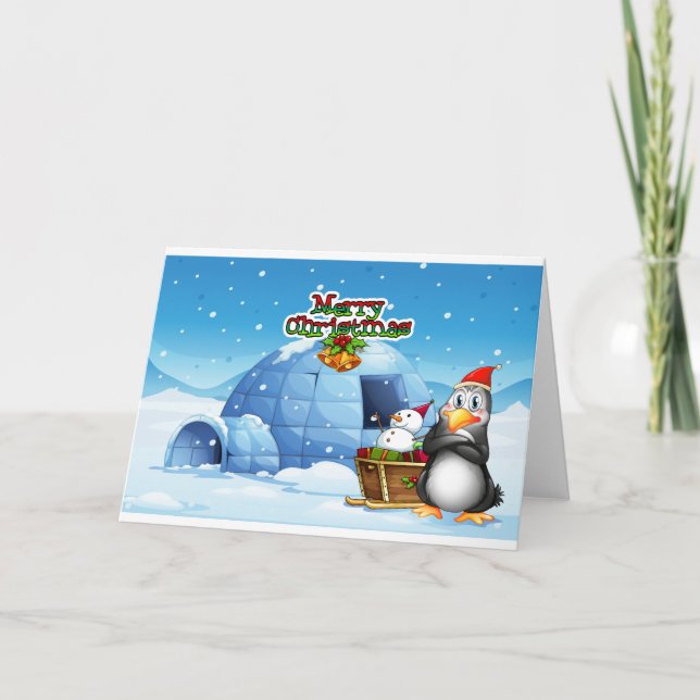 A snowman and a penguin in front of the igloo holiday card (Front)