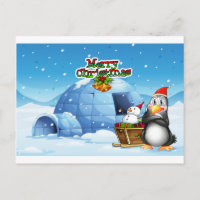 A snowman and a penguin in front of the igloo
