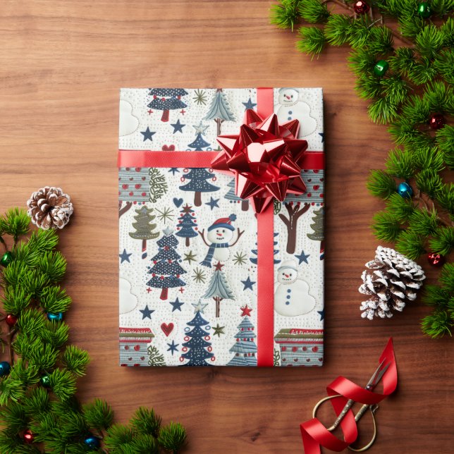 A Snowman And Christmas Trees In A Blue Pattern Wrapping Paper (Holiday Gift)