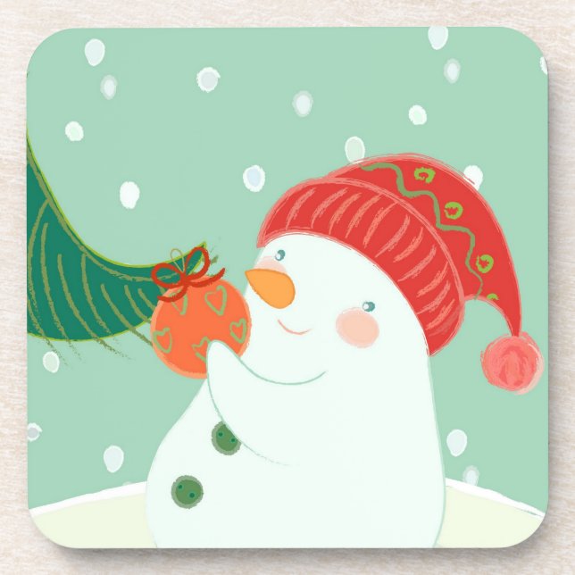 A snowman hanging an ornament on a tree coaster (Front)