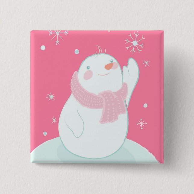 A snowman reaching for a falling snowflake 2 inch square button (Front)