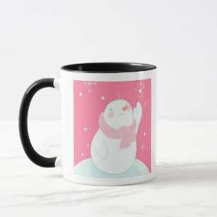 A snowman reaching for a falling snowflake mug