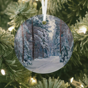 A Snowy Path in the Forest Glass Ornament